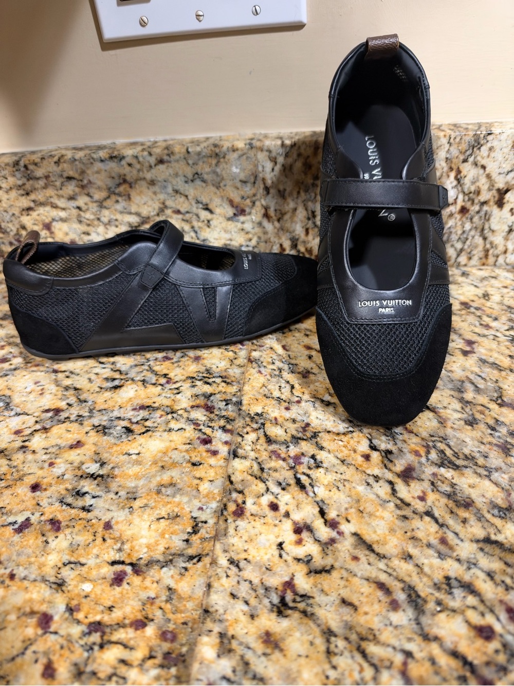Louis Vuitton Black Mesh & Suede Mary-Jane Style Flats